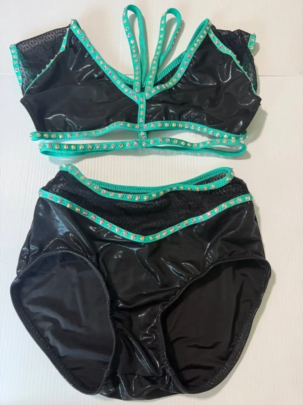 Custom dance costume leotard black aqua blue 2 piece SA-Small adult